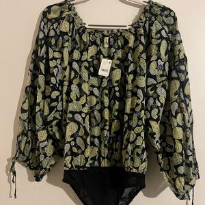 Free people boho top body suit . Paisley print of blues and greens SZ small